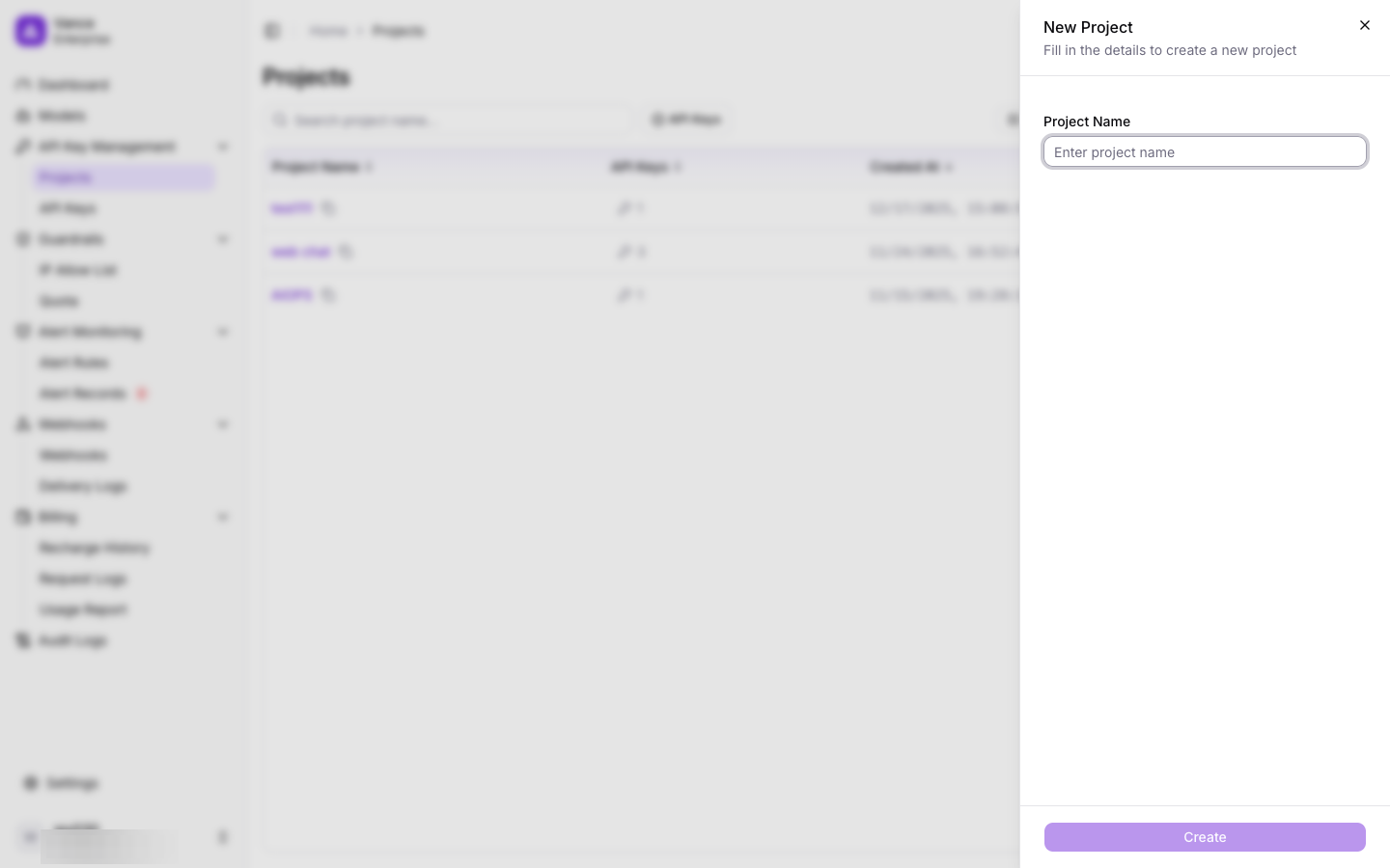 Create project dialog