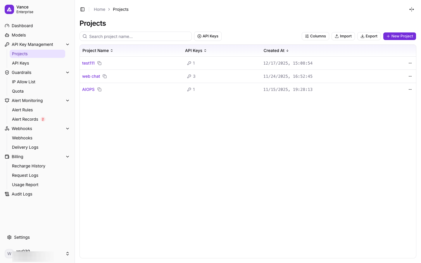 Projects list