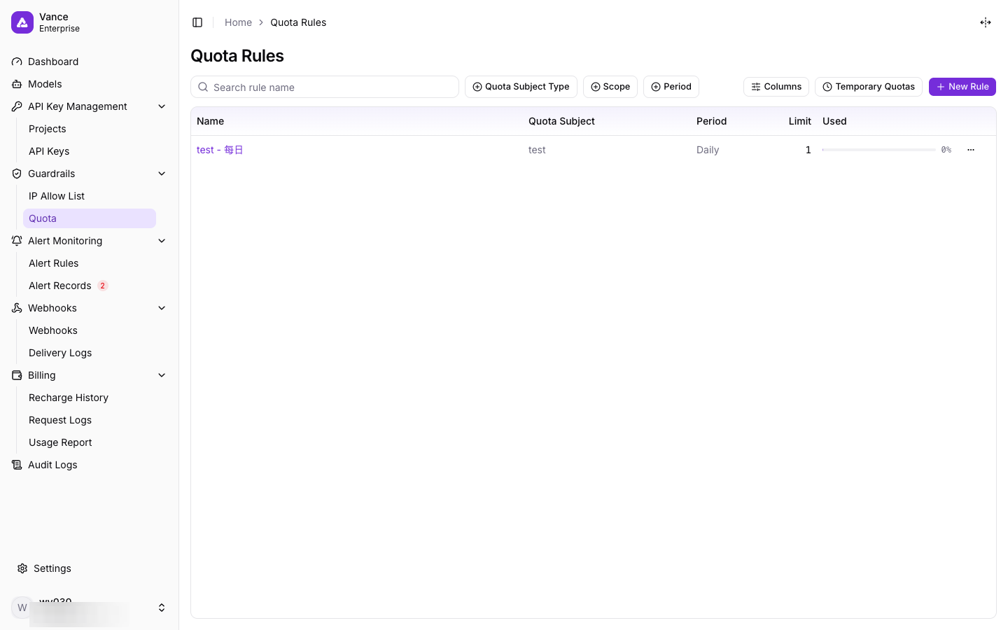 Quota Rules page