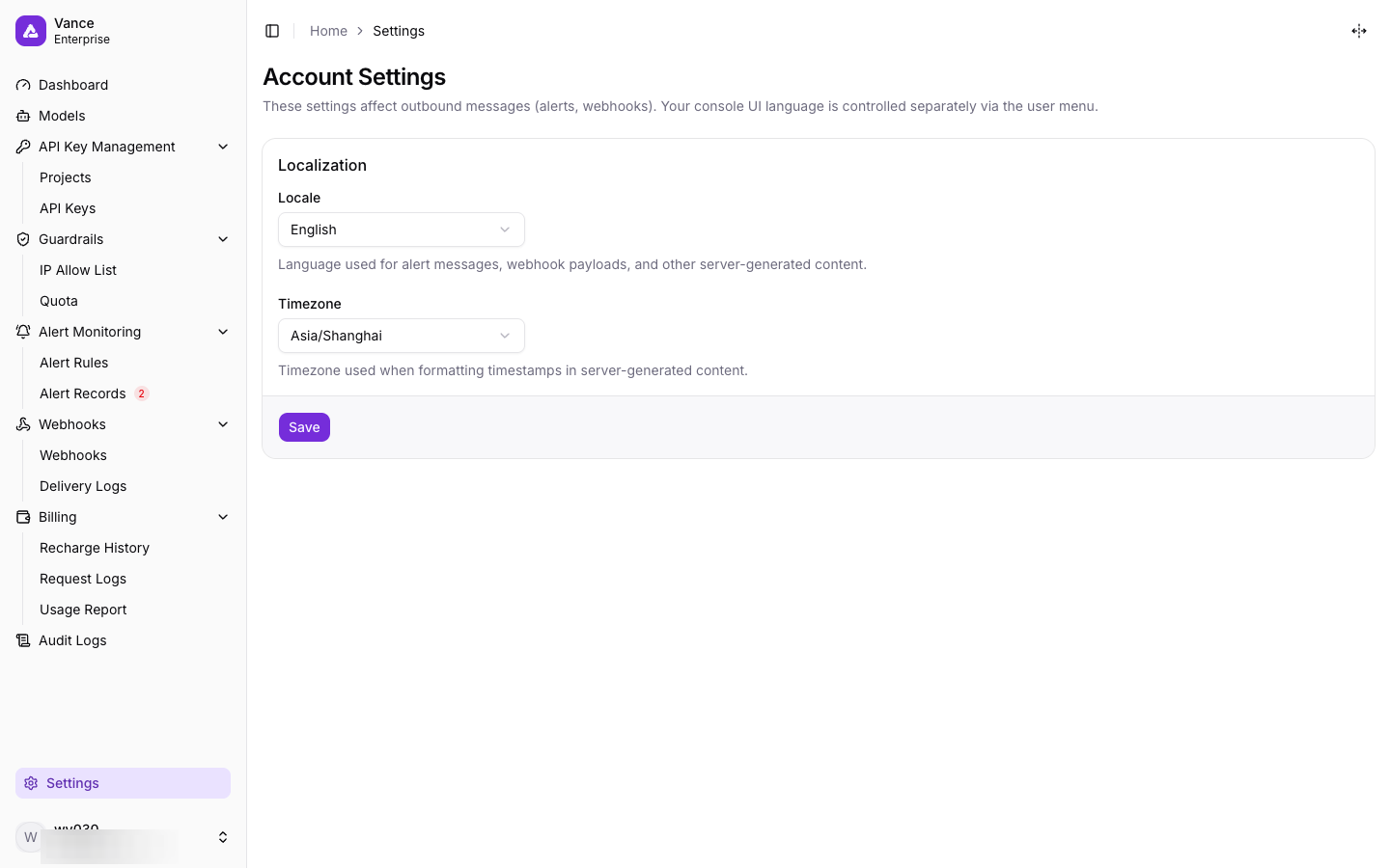 Account settings page