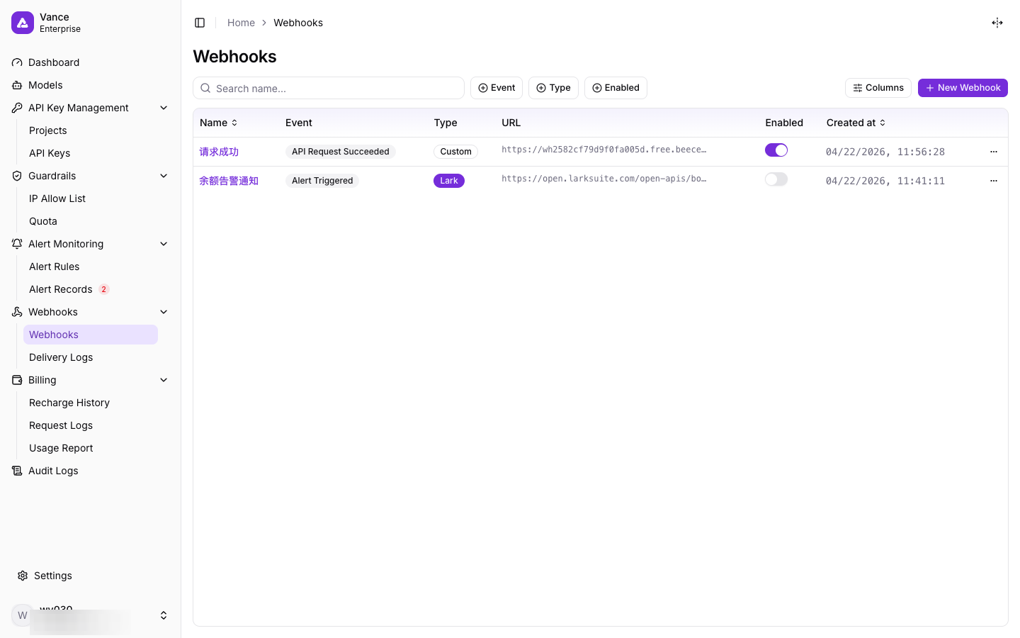 Webhooks page